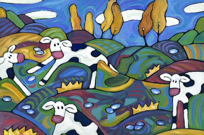 4 cows with yellow trees
